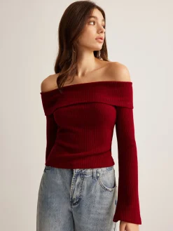 COMMENSE Off-Shoulder Ribbed Slim Top* T-shirts|Tops