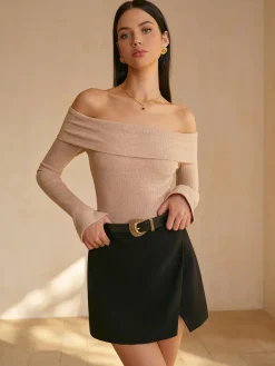 COMMENSE Off-Shoulder Ribbed Slim Top* T-shirts|Tops