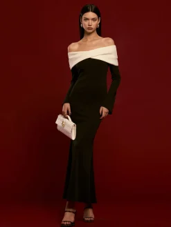 COMMENSE Off-Shoulder Ruched Bell-Sleeve Dress* Black Dresses|Casual Dresses