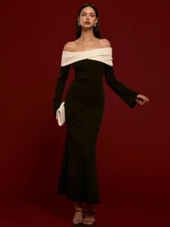 COMMENSE Off-Shoulder Ruched Bell-Sleeve Dress* Black Dresses|Casual Dresses