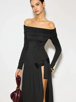 COMMENSE Off-Shoulder Ruched Bow Split Dress* Dresses