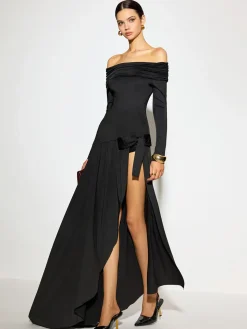 COMMENSE Off-Shoulder Ruched Bow Split Dress* Dresses