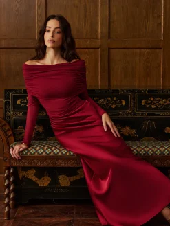 COMMENSE Off-Shoulder Ruched Satin Panel Dress* Dresses