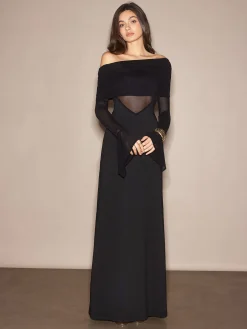 COMMENSE Off-Shoulder Sheer Panel Dress* Black Dresses|Casual Dresses