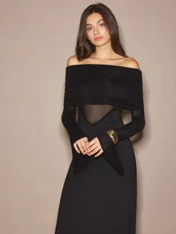 COMMENSE Off-Shoulder Sheer Panel Dress* Black Dresses|Casual Dresses
