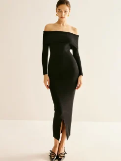 COMMENSE Off-Shoulder Split Sweater Dress* Black Dresses|Sweater Dresses
