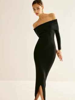COMMENSE Off-Shoulder Split Sweater Dress* Black Dresses|Sweater Dresses