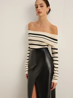 COMMENSE Off-Shoulder Striped Slim Sweater* Sweater Tops|Sweaters & Cardigans