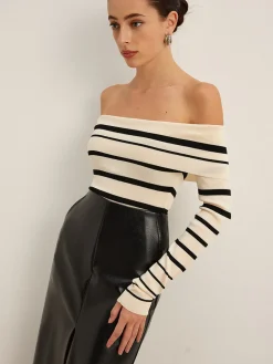 COMMENSE Off-Shoulder Striped Slim Sweater* Sweater Tops|Sweaters & Cardigans