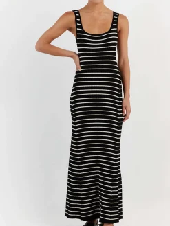 COMMENSE Old Money Aesthetics Stripe Long Knit Dress* Sweater Dresses|Sweater Dresses