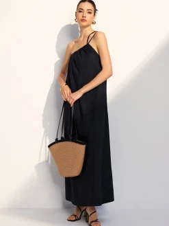 COMMENSE One Shoulder Backless Long Dress* Black Dresses|Vacation Dresses