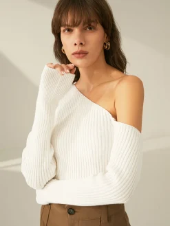 COMMENSE One Shoulder Long Sleeve Ribbed Pullover Sweater* Sweater Tops|Sweaters & Cardigans