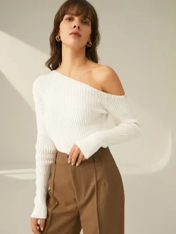 COMMENSE One Shoulder Long Sleeve Ribbed Pullover Sweater* Sweater Tops|Sweaters & Cardigans