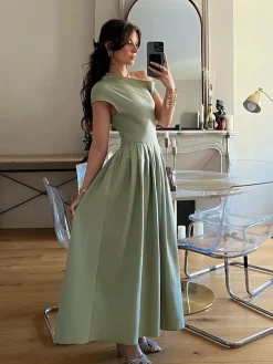 COMMENSE One Shoulder Pleated Split Long Dress* Work Dresses|Vacation Dresses