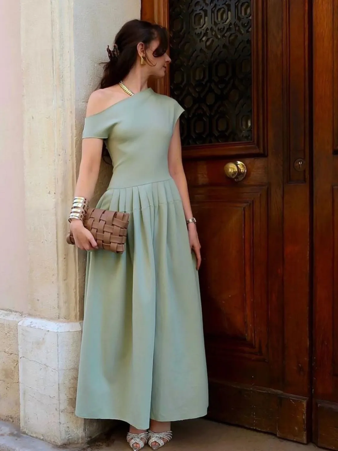 COMMENSE One Shoulder Pleated Split Long Dress* Work Dresses|Vacation Dresses