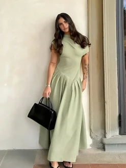 COMMENSE One Shoulder Pleated Split Long Dress* Work Dresses|Vacation Dresses
