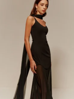COMMENSE One Strap Long-Ribbon Chiffon Dress* Black Dresses|Cocktail & Party Dresses
