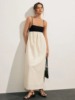 COMMENSE Open Back Contrast Pocket Long Dress* Casual Dresses|Vacation Dresses