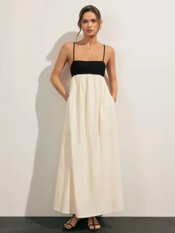 COMMENSE Open Back Contrast Pocket Long Dress* Casual Dresses|Vacation Dresses