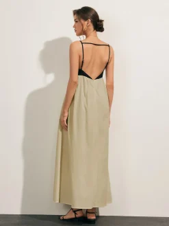 COMMENSE Open Back Contrast Pocket Long Dress* Casual Dresses|Vacation Dresses