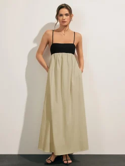 COMMENSE Open Back Contrast Pocket Long Dress* Casual Dresses|Vacation Dresses