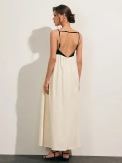 COMMENSE Open Back Contrast Pocket Long Dress* White Dresses|Casual Dresses