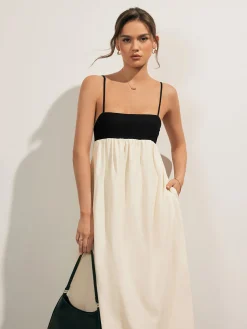 COMMENSE Open Back Contrast Pocket Long Dress* White Dresses|Casual Dresses