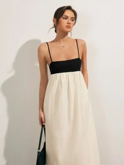 COMMENSE Open Back Contrast Pocket Long Dress* White Dresses|Casual Dresses