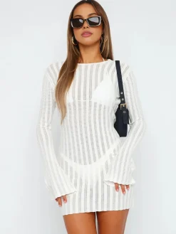 COMMENSE Open Back Mini Knit Dress* White Dresses|Sweater Dresses