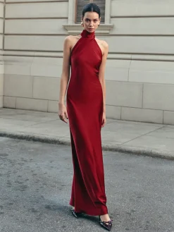 COMMENSE Open Back Satin Halter Dress* Casual Dresses|Cocktail & Party Dresses
