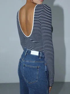 COMMENSE Open Back Stripe Long Sleeve Bodysuit* Sweater Tops|Bodysuits