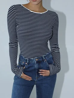 COMMENSE Open Back Stripe Long Sleeve Bodysuit* Sweater Tops|Bodysuits