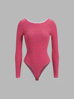 COMMENSE Open Back Stripe Long Sleeve Bodysuit* Sweater Tops|Bodysuits
