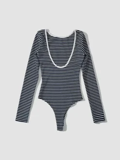 COMMENSE Open Back Stripe Long Sleeve Bodysuit* Sweater Tops|Bodysuits
