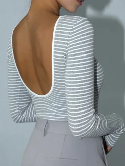COMMENSE Open Back Stripe Long Sleeve Bodysuit* Sweater Tops|Bodysuits
