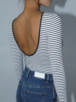 COMMENSE Open Back Stripe Long Sleeve Bodysuit* Sweater Tops|Bodysuits