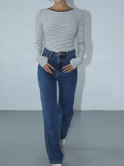 COMMENSE Open Back Stripe Long Sleeve Bodysuit* Sweater Tops|Bodysuits