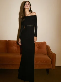 COMMENSE Overfold Off-Shoulder Mesh Long Sleeve Long Dress* Black Dresses|Sweater Dresses