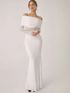 COMMENSE Overfold Off-Shoulder Mesh Long Sleeve Long Dress* Black Dresses|Sweater Dresses