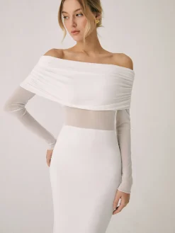 COMMENSE Overfold Off-Shoulder Mesh Long Sleeve Long Dress* Black Dresses|Sweater Dresses