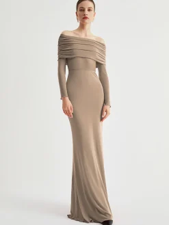 COMMENSE Overfold Off-Shoulder Mesh Long Sleeve Long Dress* Black Dresses|Sweater Dresses