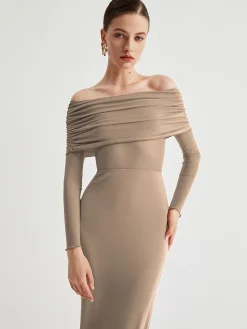 COMMENSE Overfold Off-Shoulder Mesh Long Sleeve Long Dress* Black Dresses|Sweater Dresses