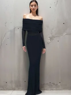 COMMENSE Overfold Off-Shoulder Mesh Long Sleeve Long Dress* Black Dresses|Sweater Dresses