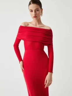 COMMENSE Overfold Off-Shoulder Mesh Long Sleeve Long Dress* Black Dresses|Sweater Dresses