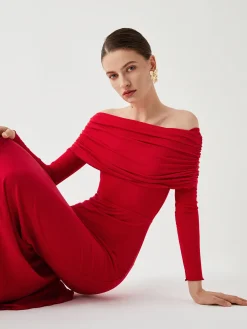 COMMENSE Overfold Off-Shoulder Mesh Long Sleeve Long Dress* Black Dresses|Sweater Dresses