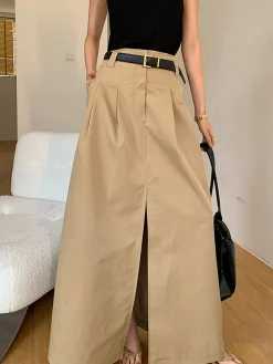 COMMENSE Oversized Cotton Split Maxi Skirt Without Belt* Skirts|Bottoms