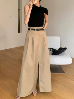 COMMENSE Oversized Cotton Split Maxi Skirt Without Belt* Skirts|Bottoms