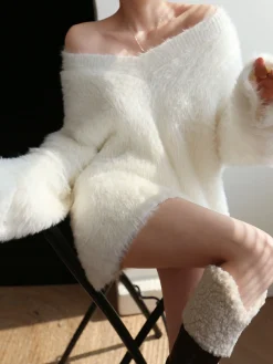 COMMENSE Oversized Fuzzy V-neck Sweater* Sweater Tops|Sweaters & Cardigans