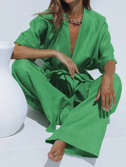 COMMENSE Oversized Linen Tied Two Piece Pants Set* Pants Sets|Long Sleeve Sets