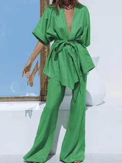 COMMENSE Oversized Linen Tied Two Piece Pants Set* Pants Sets|Long Sleeve Sets